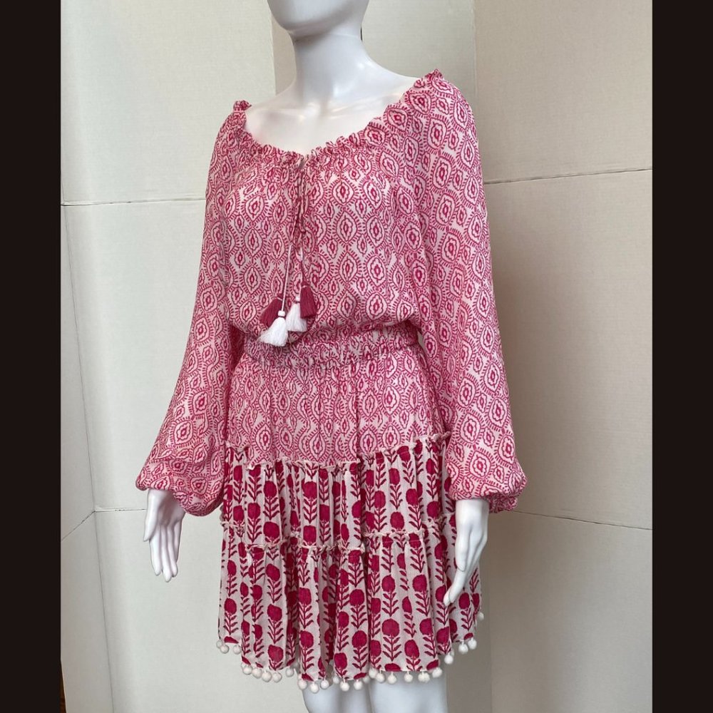 Celina Moon NWT Pink and White Summer Dress Coverup Tassels Pom Poms Sz M Med